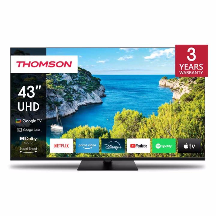 Телевизор Thomson Smart UHD TV 43", Google TV, 3840 x 2160 (4K UHD), 4000:1, DLED, 60 Hz, DVB-T/T2/C/S/S2, HDR10, Wi-Fi, Bluetooth, LAN, HDMI 2 (2.0) + 2 (2.1), USB 2 (2.0) + 1 (3.0), Central Swivel Stand, Black 43UG5C14 
