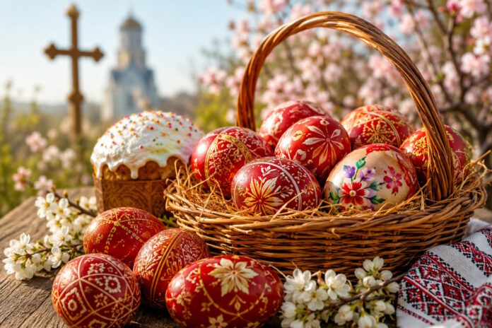 Кошница с красиво боядисани червени великденски яйца, украсени със златни орнаменти, поставена върху дървена маса сред пролетни цветя, козунак и православен кръст на заден план.