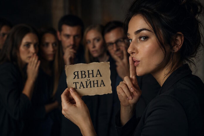 Жена държи лист с надпис „ЯВНА ТАЙНА“ и прави знак за мълчание, докато зад нея група хора шепнат в приглушена и мистериозна обстановка.
